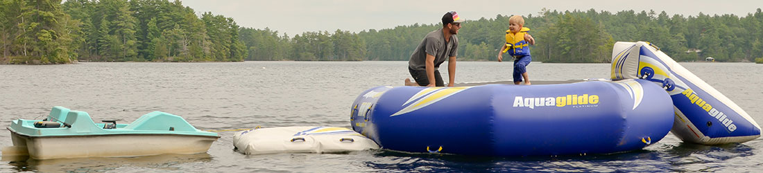 water trampoline at Blue Mountain Lodge in the Kawarthas on Lake Kasshabog